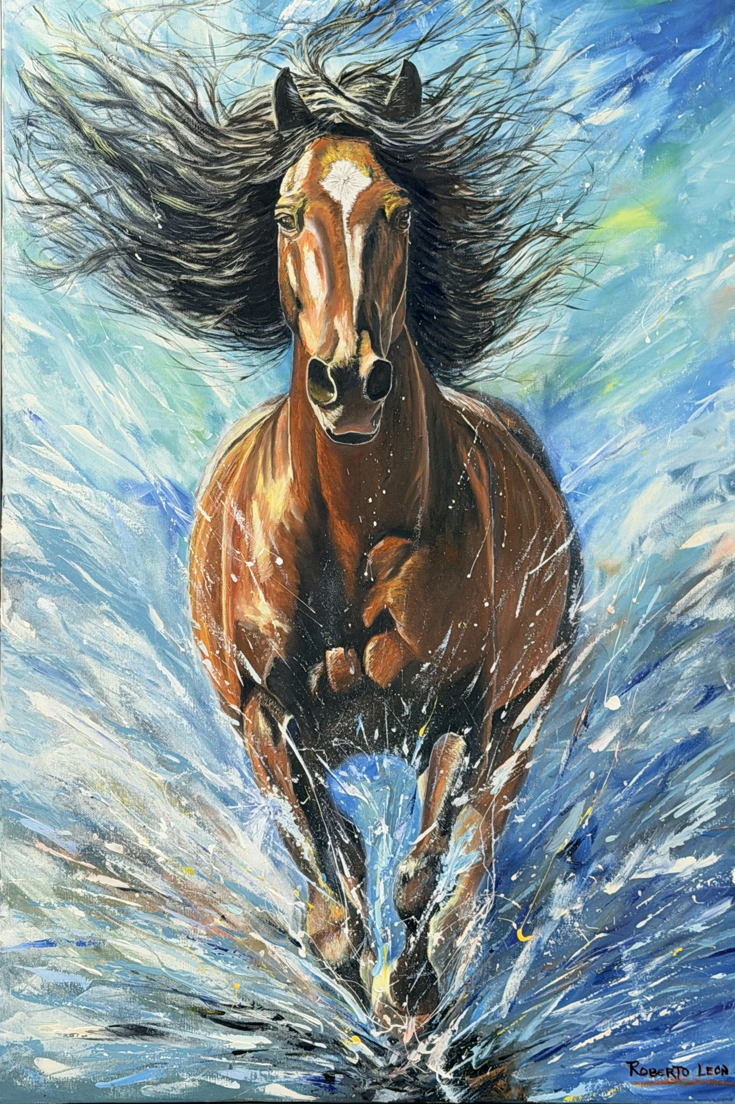 Expressionist painting of a brown horse galloping through blue water