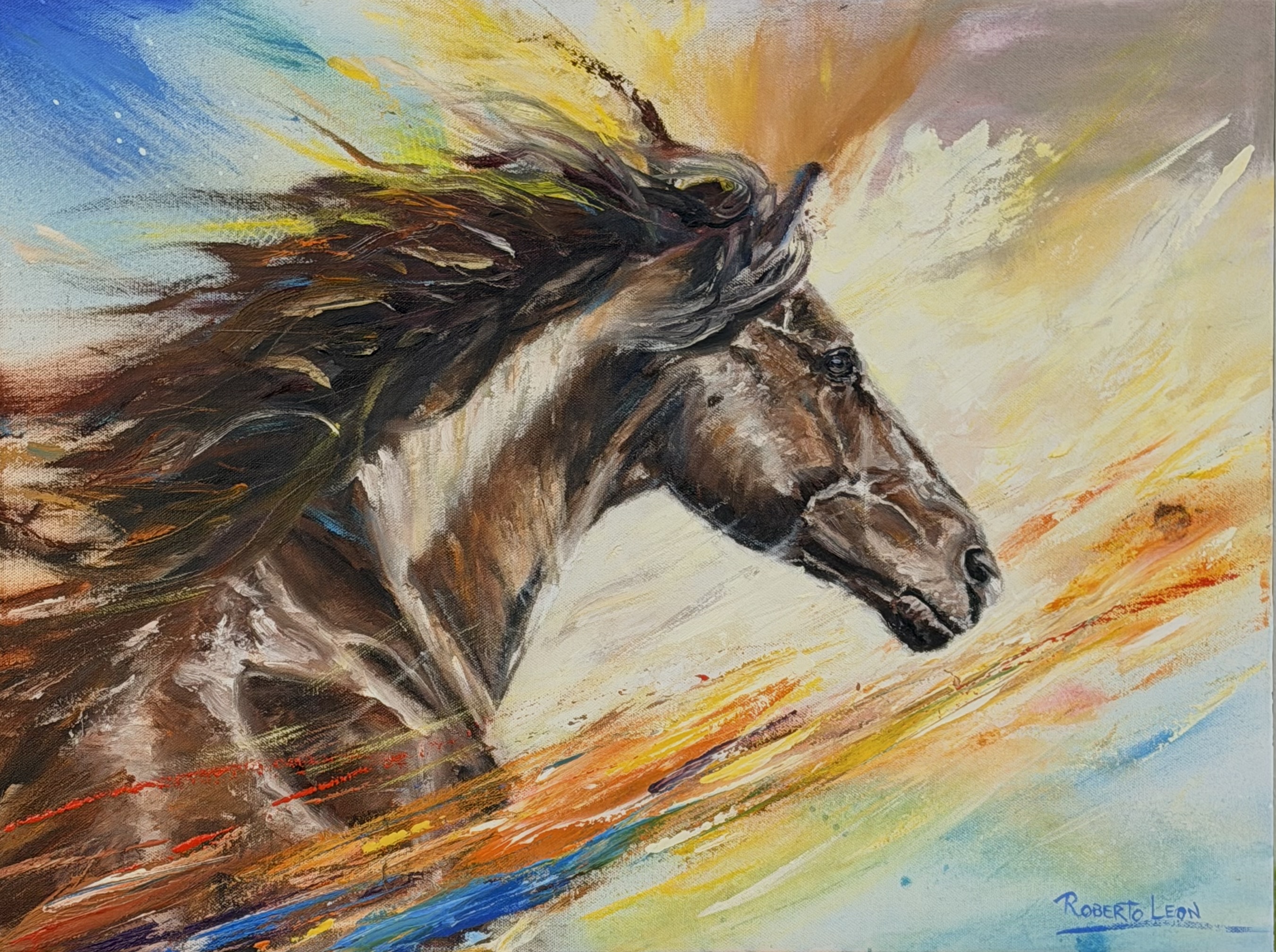 Expressionist side-profile painting of a running horse in warm yellow and blue