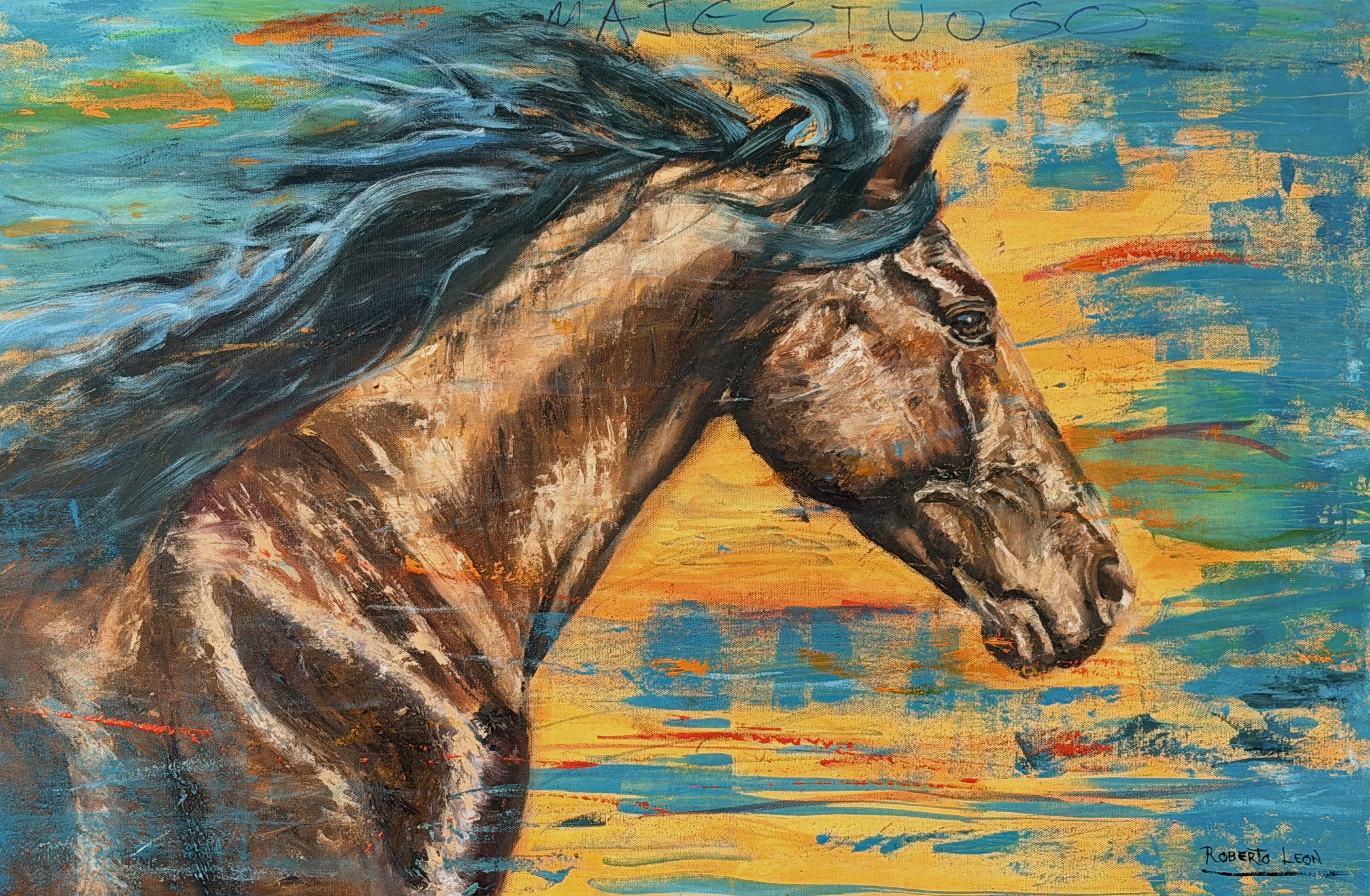 Expressionist teal-and-gold profile painting of a horse, inscribed Majestuoso
