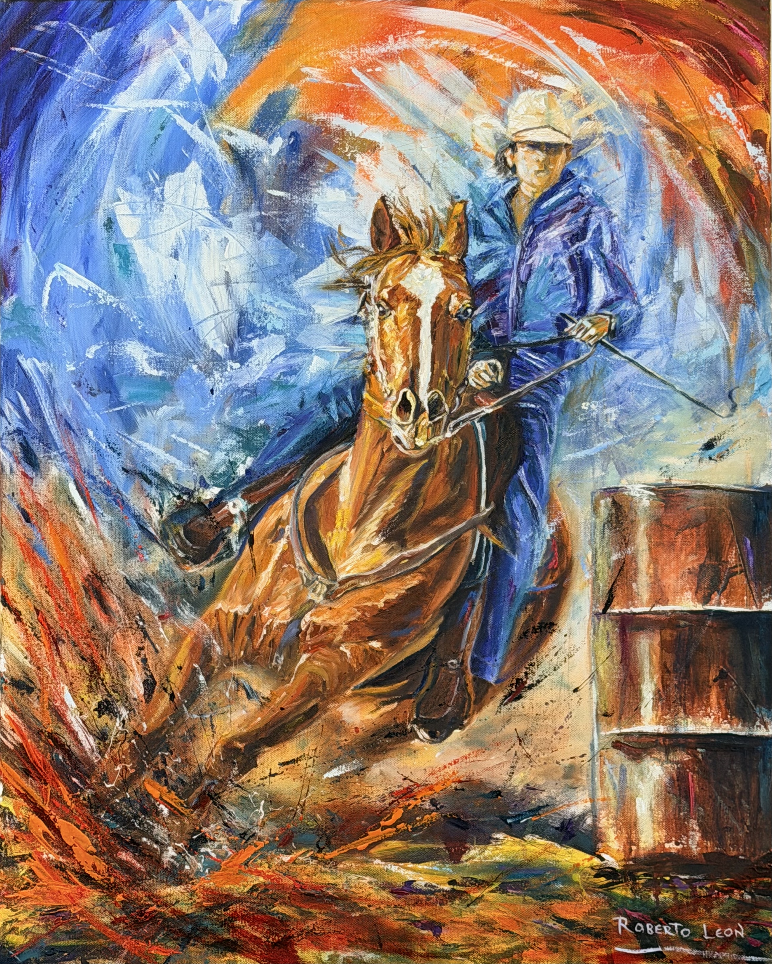 Expressionist painting of a horse and barrel racer turning around a barrel