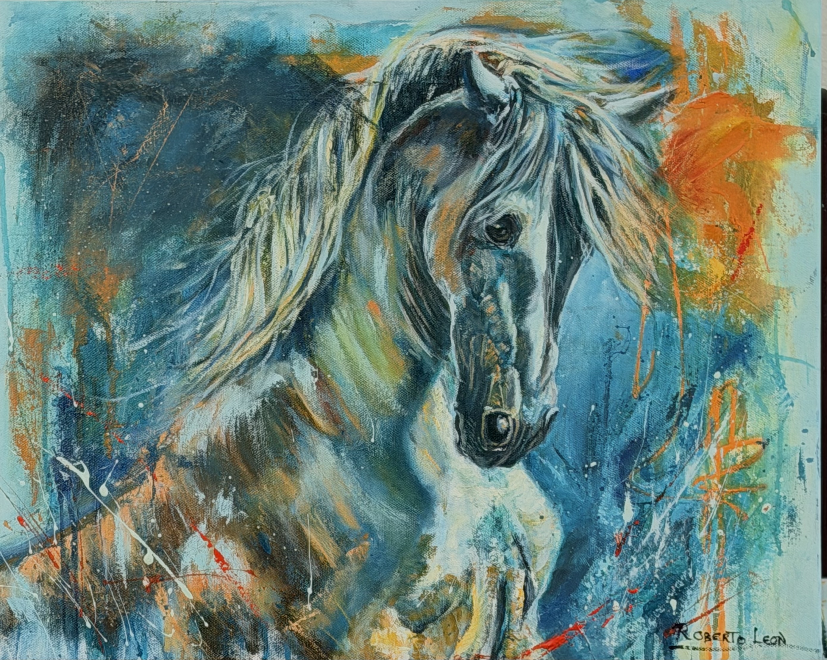 Expressionist portrait of a white horse surrounded by turquoise and orange