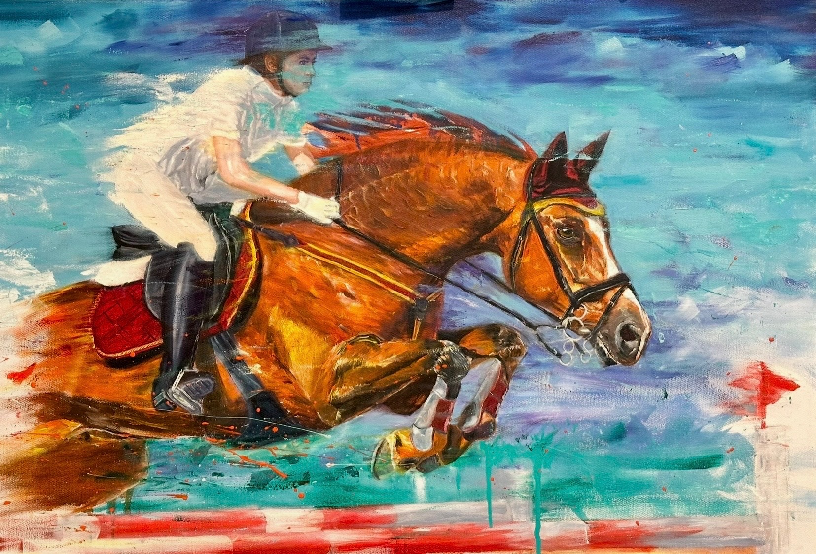 Expressionist painting of a horse and showjumper clearing a fence